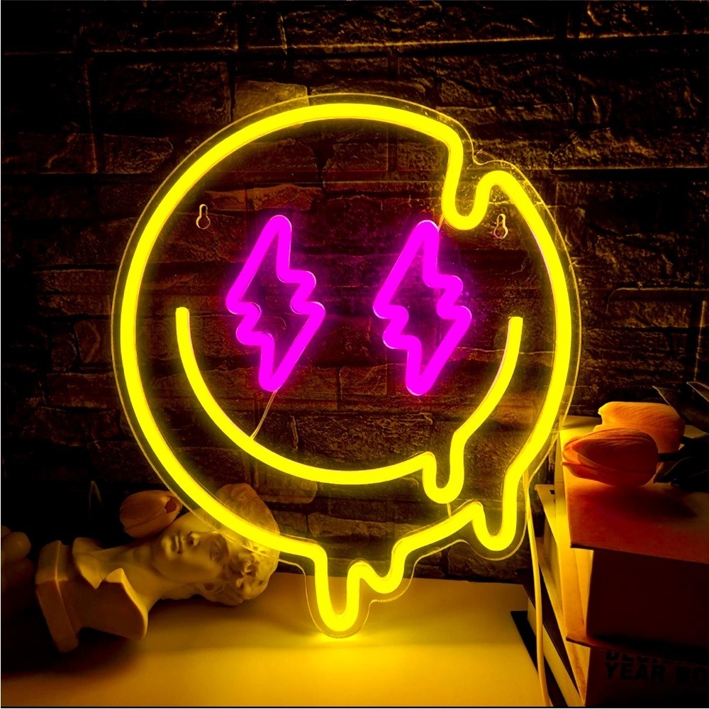 Neon Melting Smiley Face Emoji Pink Yellow Light Decor Punk Rock Wall Room LED